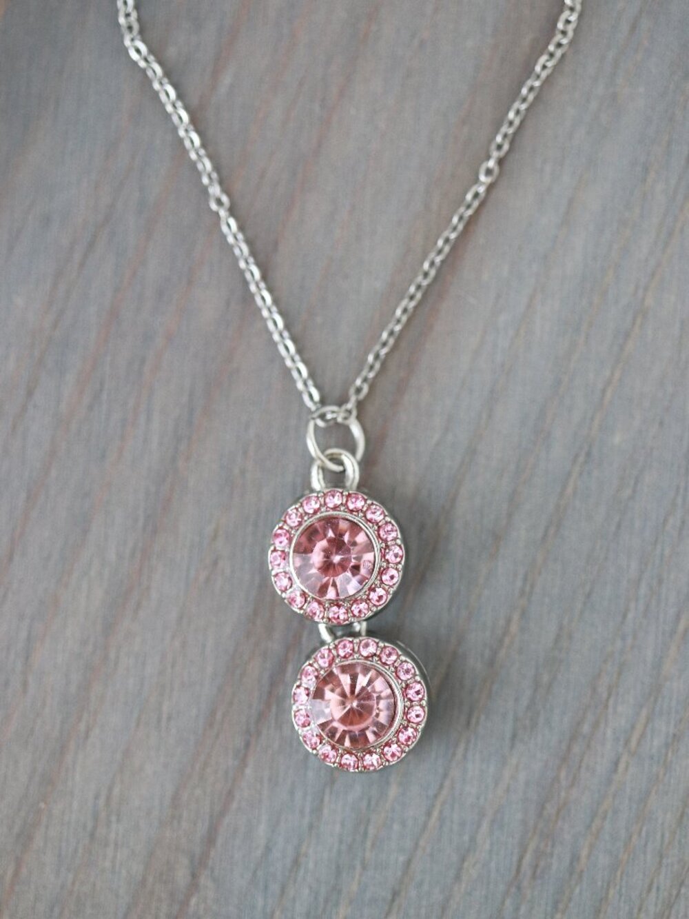 Pink Round Halo CZ Diamond Drop Pendant Necklace Silver Stainless Steel